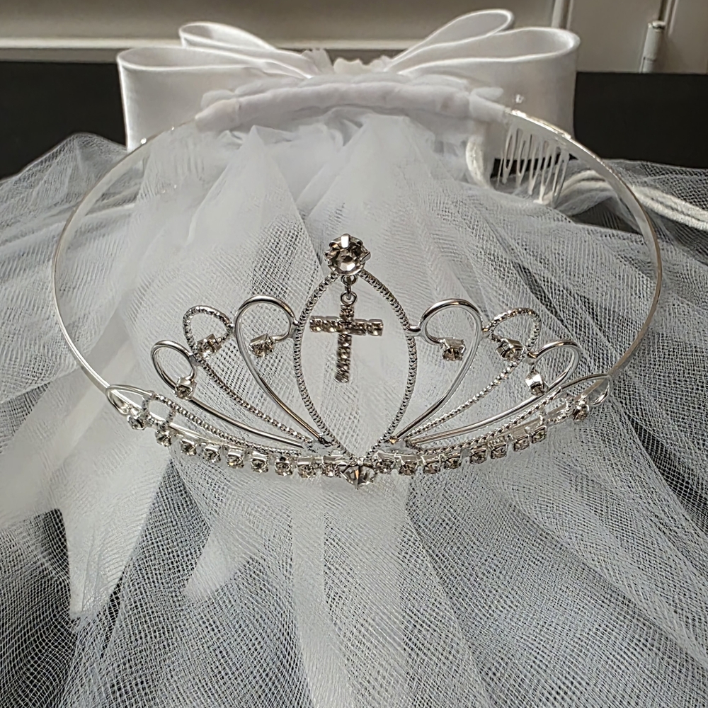 Elegant Silver Tiara with Cross and Rhinestones Girls